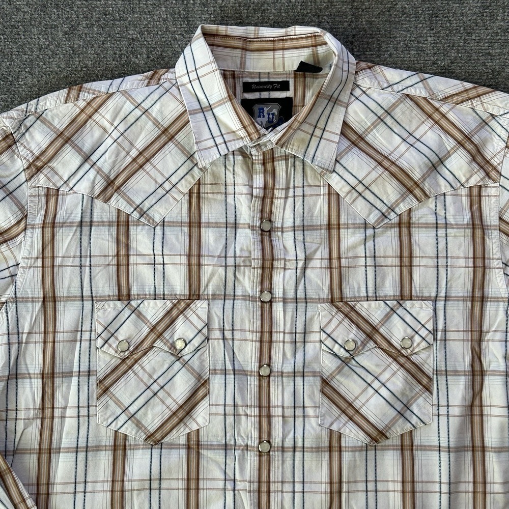 Resistol University Shirt Men Large White Brown Plaid Yoke Sawtooth Pearl Snap